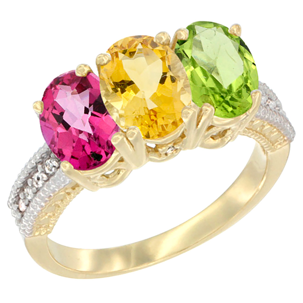 Sabrina Silver 10K Yellow Gold Diamond Natural Pink Topaz, Citrine & Peridot Ring 3-Stone Oval 7x5 mm, sizes 5 - 10
