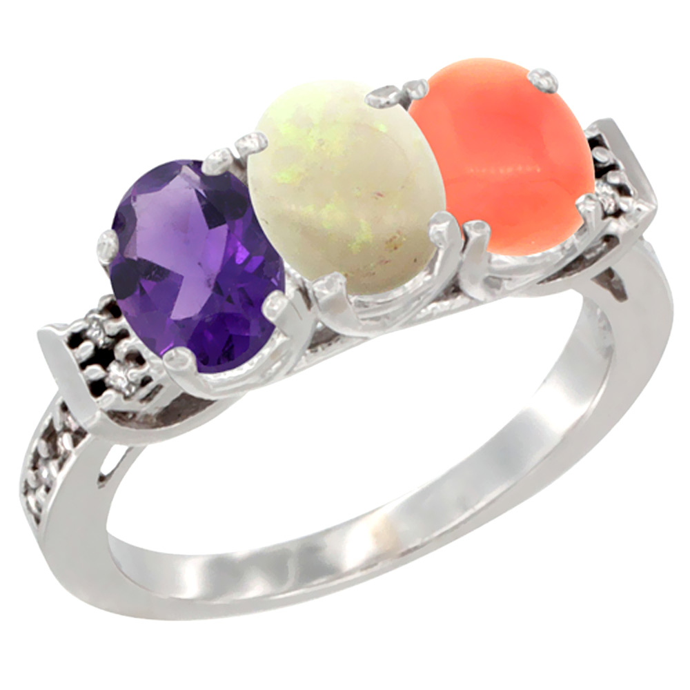 Sabrina Silver 10K White Gold Natural Amethyst, Opal & Coral Ring 3-Stone Oval 7x5 mm Diamond Accent, sizes 5 - 10