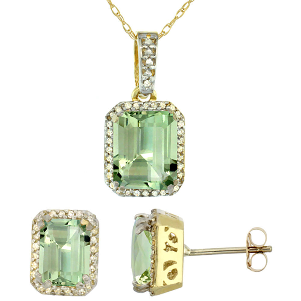 Sabrina Silver 10K Yellow Gold Diamond Natural Octagon Green Amethyst Earrings & Pendant Set