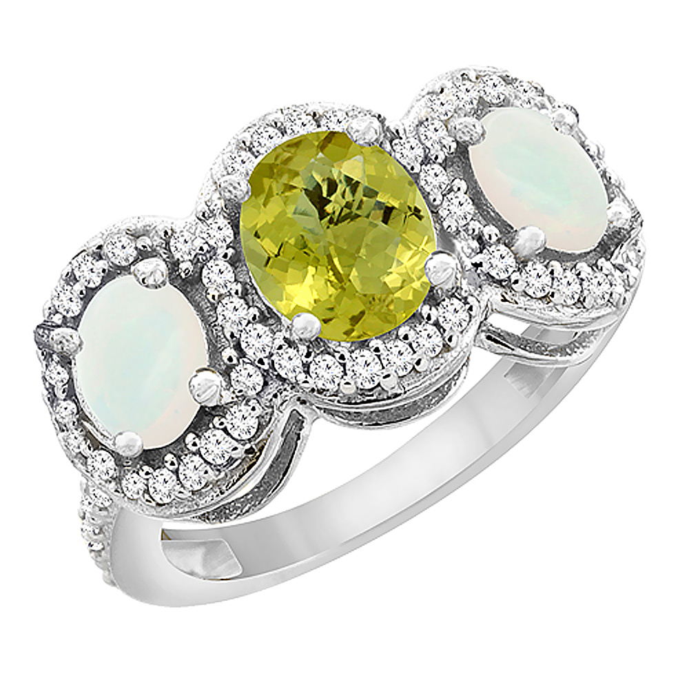 Sabrina Silver 10K White Gold Natural Lemon Quartz & Opal 3-Stone Ring Oval Diamond Accent, sizes 5 - 10