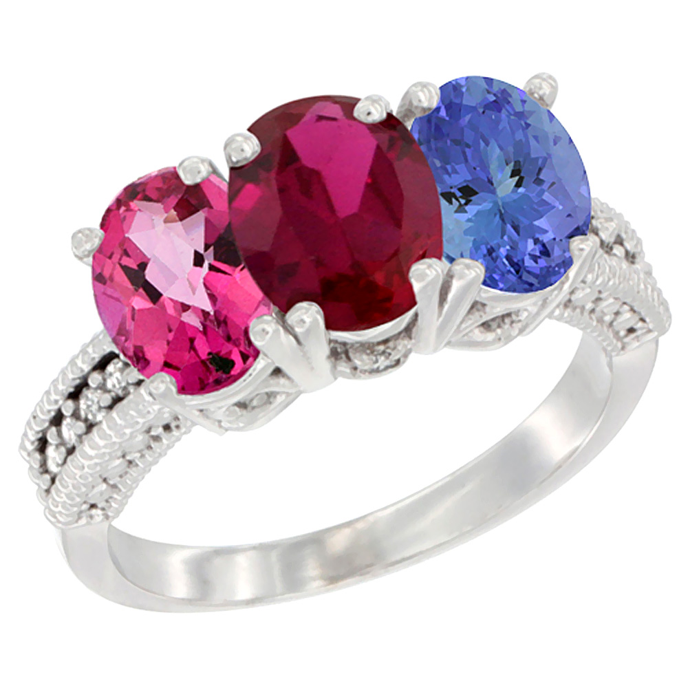 Sabrina Silver 14K White Gold Natural Pink Topaz, Enhanced Ruby & Natural Tanzanite Ring 3-Stone 7x5 mm Oval Diamond Accent, sizes 5 - 10