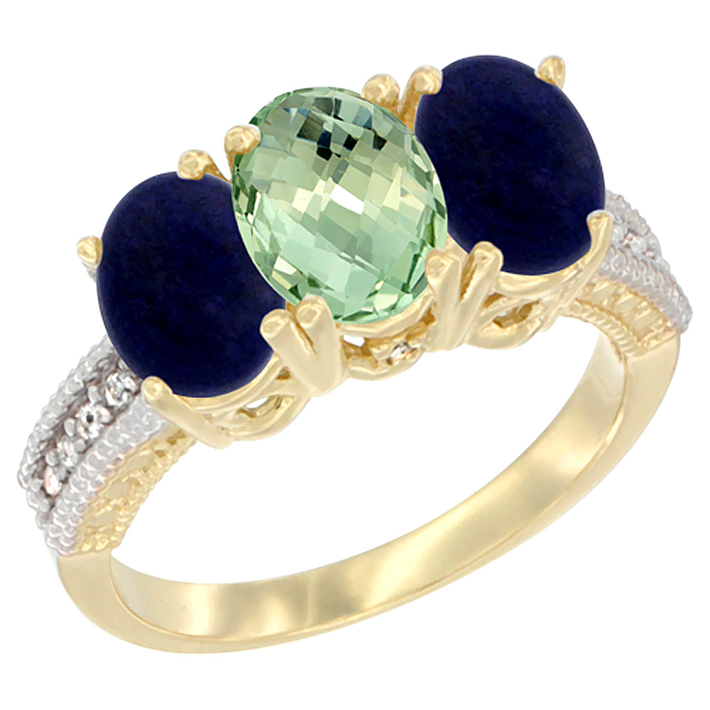 Sabrina Silver 10K Yellow Gold Diamond Natural Green Amethyst & Lapis Ring 3-Stone 7x5 mm Oval, sizes 5 - 10