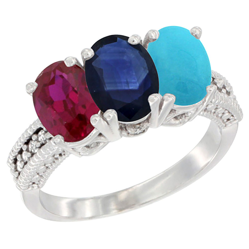 Sabrina Silver 10K White Gold Enhanced Ruby, Natural Blue Sapphire & Turquoise Ring 3-Stone Oval 7x5 mm Diamond Accent, sizes 5 - 10