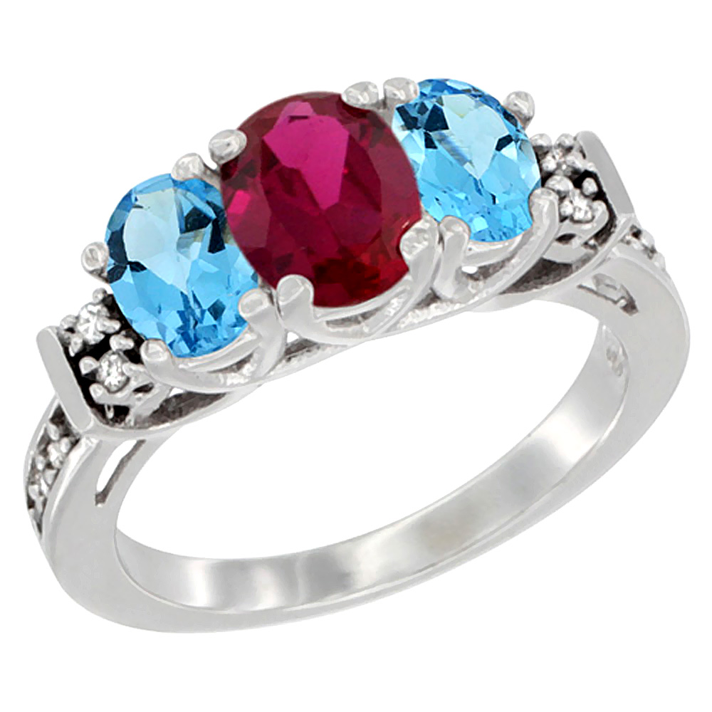 Sabrina Silver 14K White Gold Enhanced Ruby & Natural Swiss Blue Topaz Ring 3-Stone Oval Diamond Accent, sizes 5-10