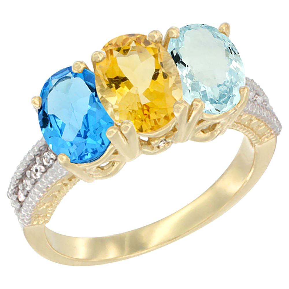Sabrina Silver 14K Yellow Gold Natural Swiss Blue Topaz, Citrine & Aquamarine Ring 3-Stone 7x5 mm Oval Diamond Accent, sizes 5 - 10