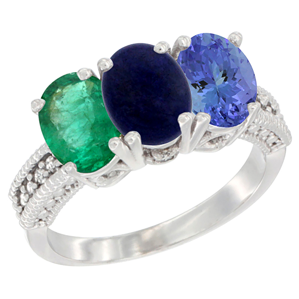 Sabrina Silver 14K White Gold Natural Emerald, Lapis & Tanzanite Ring 3-Stone 7x5 mm Oval Diamond Accent, sizes 5 - 10