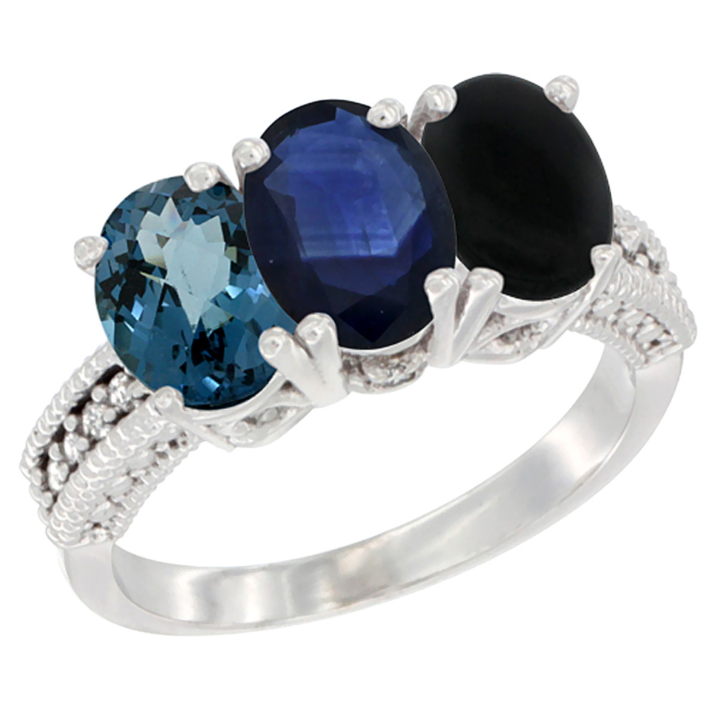 Sabrina Silver 10K White Gold Natural London Blue Topaz, Blue Sapphire & Black Onyx Ring 3-Stone Oval 7x5 mm Diamond Accent, sizes 5 - 10
