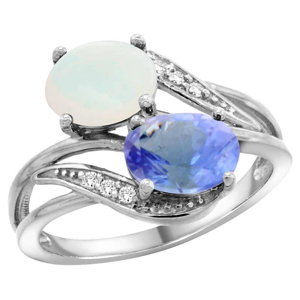 Sabrina Silver 10K White Gold Diamond Natural Opal & Tanzanite 2-stone Ring Oval 8x6mm, sizes 5 - 10