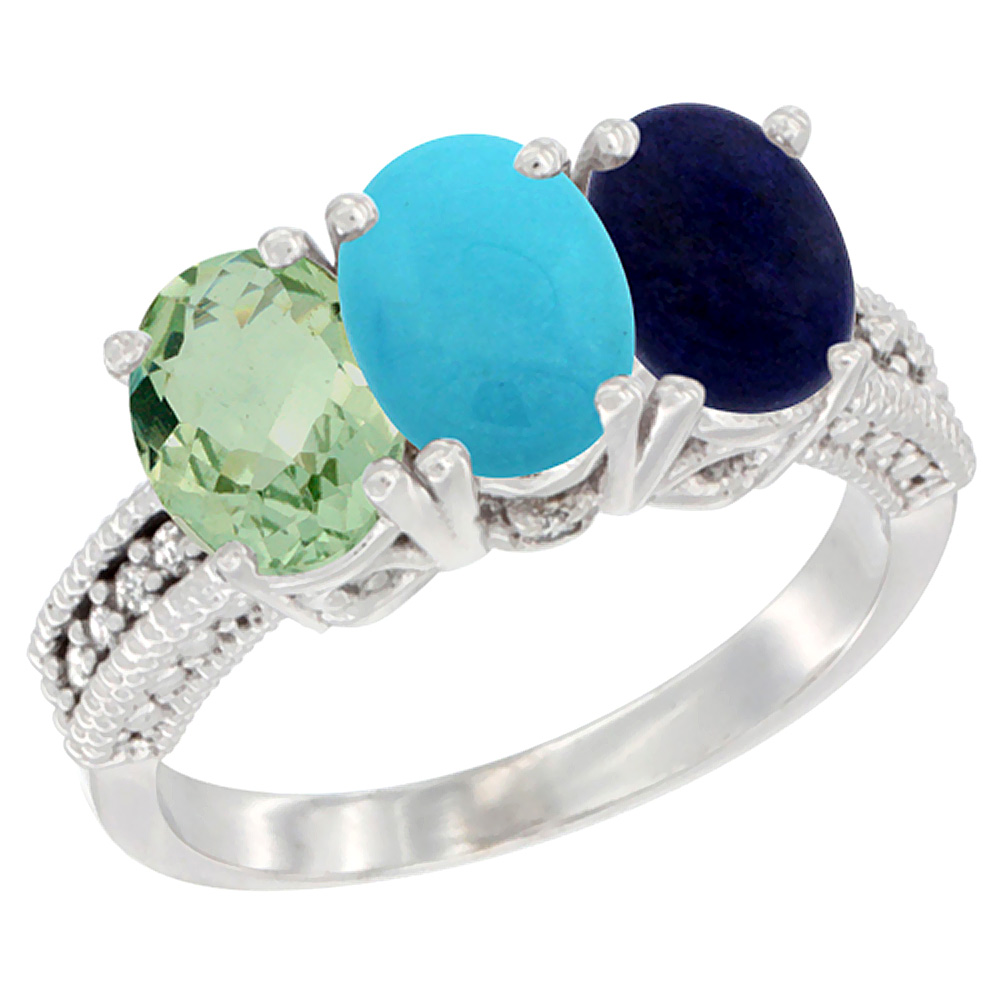 Sabrina Silver 14K White Gold Natural Green Amethyst, Turquoise & Lapis Ring 3-Stone 7x5 mm Oval Diamond Accent, sizes 5 - 10