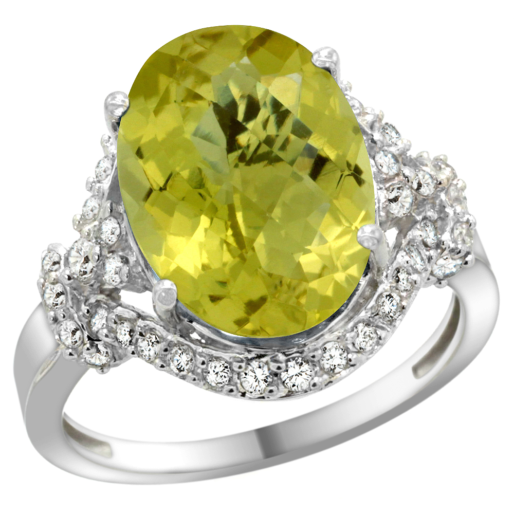 Sabrina Silver 14k White Gold Natural Lemon Quartz Ring Diamond Halo Oval 14x10mm, 3/4 inch wide, sizes 5 - 10