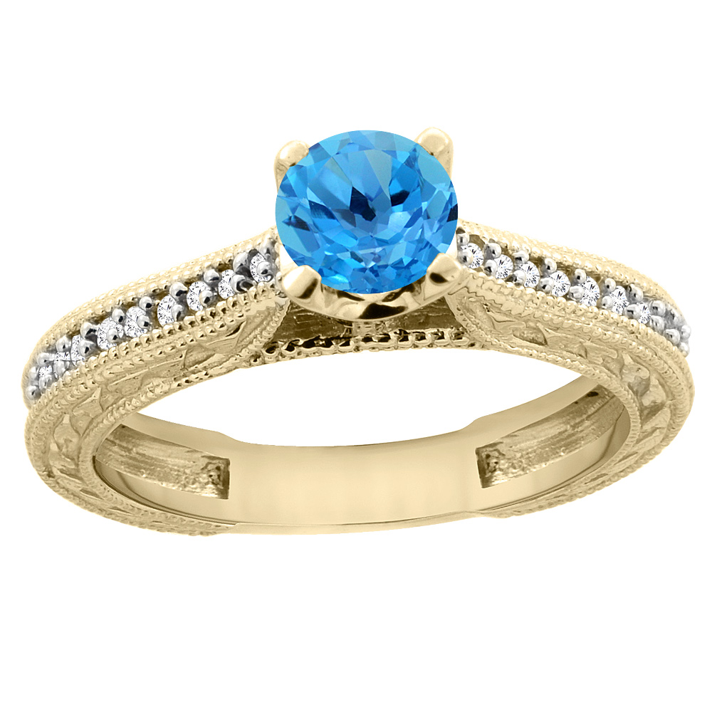 Sabrina Silver 14K Yellow Gold Natural Swiss Blue Topaz Round 5mm Engraved Engagement Ring Diamond Accents, sizes 5 - 10
