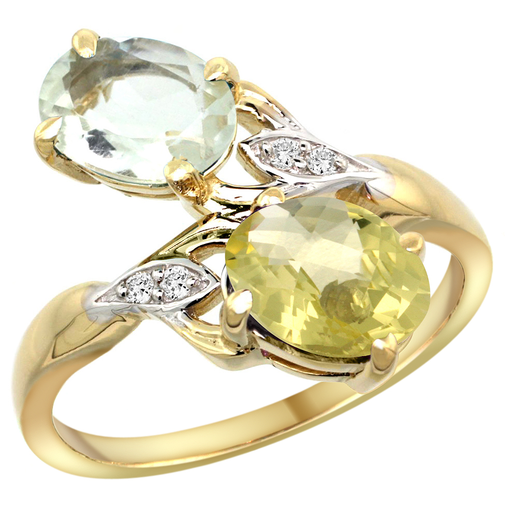 Sabrina Silver 14k Yellow Gold Diamond Natural Green Amethyst & Lemon Quartz 2-stone Ring Oval 8x6mm, sizes 5 - 10