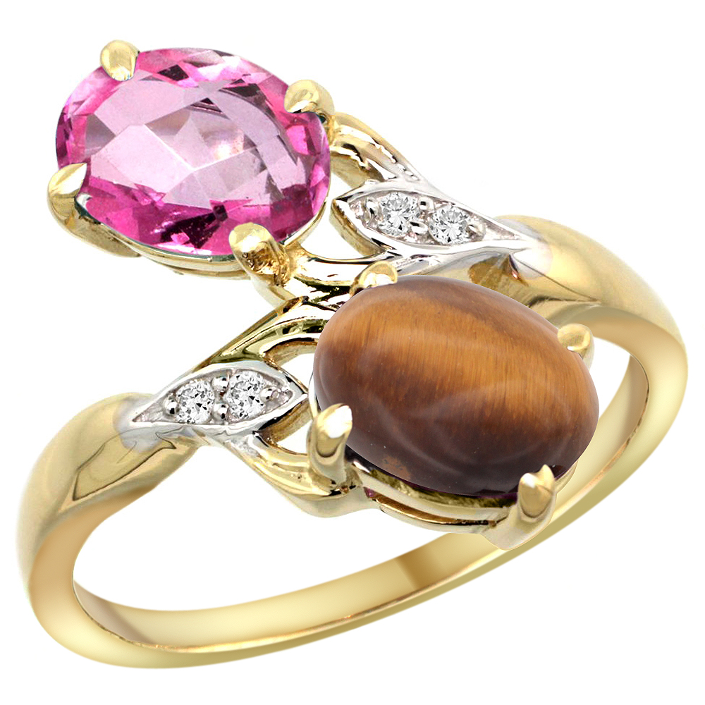 Sabrina Silver 10K Yellow Gold Diamond Natural Pink Topaz & Tiger Eye 2-stone Ring Oval 8x6mm, sizes 5 - 10