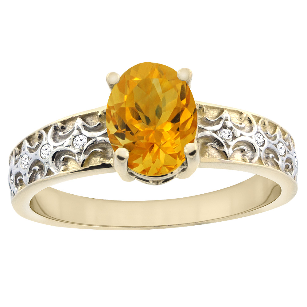 Sabrina Silver 14K Yellow Gold Natural Citrine Ring Oval 8x6 mm Diamond Accents, sizes 5 - 10