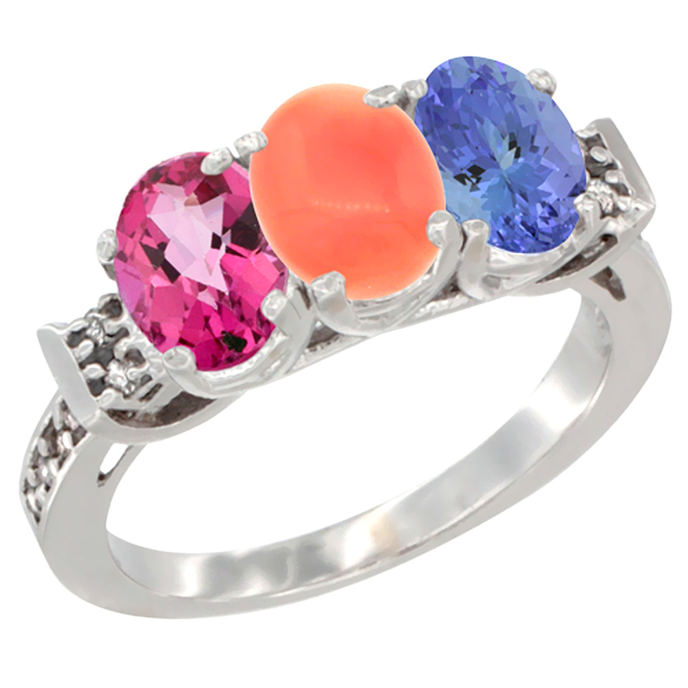 Sabrina Silver 14K White Gold Natural Pink Topaz, Coral & Tanzanite Ring 3-Stone Oval 7x5 mm Diamond Accent, sizes 5 - 10