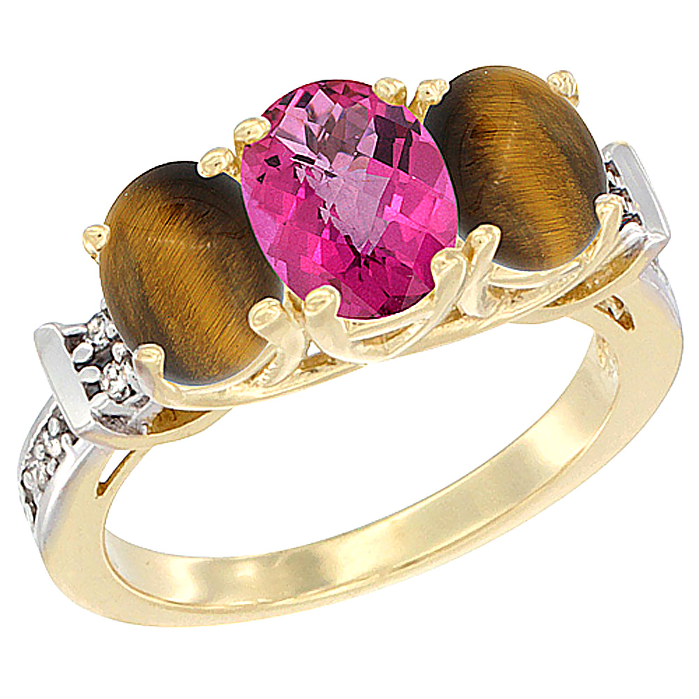 Sabrina Silver 10K Yellow Gold Natural Pink Topaz & Tiger Eye Sides Ring 3-Stone Oval Diamond Accent  sizes 5 - 10