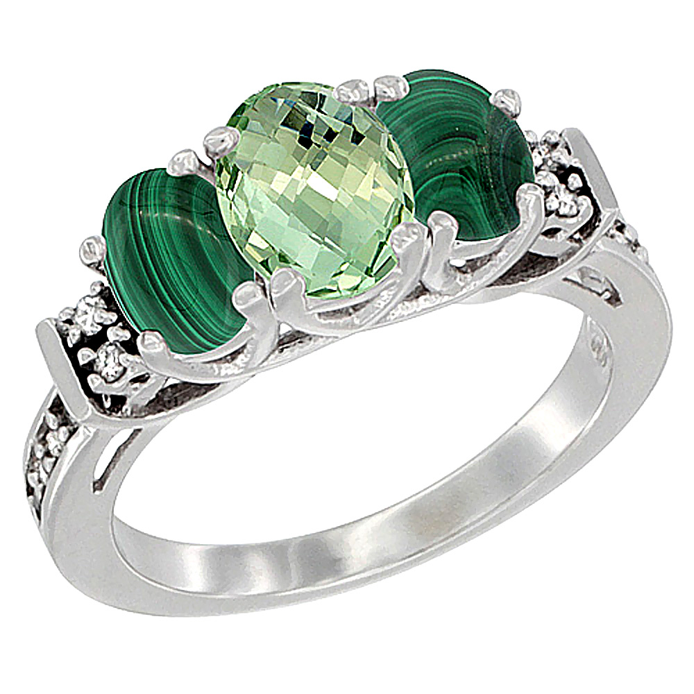 Sabrina Silver 14K White Gold Natural Green Amethyst & Malachite Ring 3-Stone Oval Diamond Accent, sizes 5-10