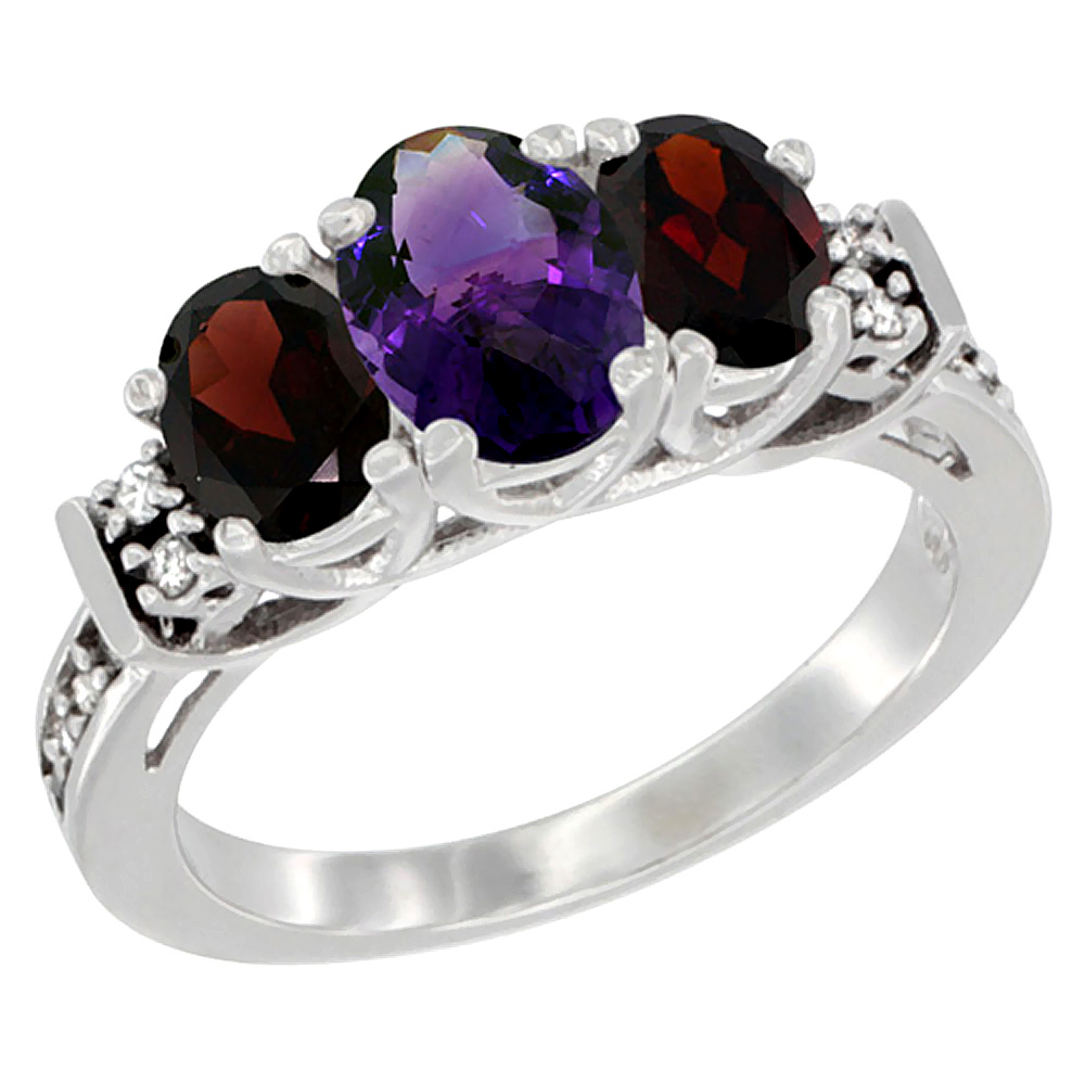 Sabrina Silver 14K White Gold Natural Amethyst & Garnet Ring 3-Stone Oval Diamond Accent, sizes 5-10