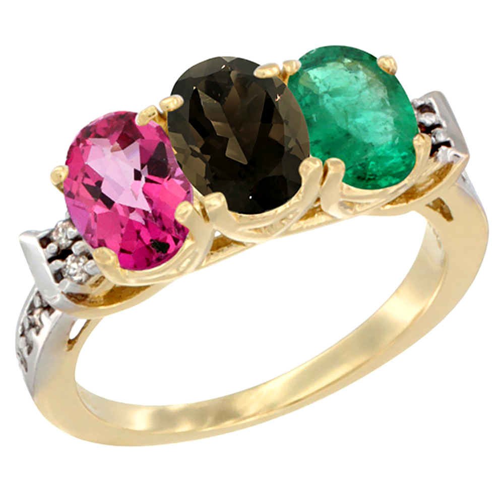 Sabrina Silver 10K Yellow Gold Natural Pink Topaz, Smoky Topaz & Emerald Ring 3-Stone Oval 7x5 mm Diamond Accent, sizes 5 - 10