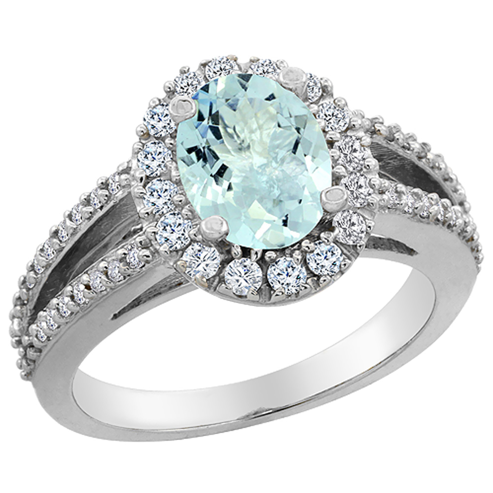 Sabrina Silver 10K White Gold Natural Aquamarine Halo Ring Oval 8x6 mm with Diamond Accents, sizes 5 - 10