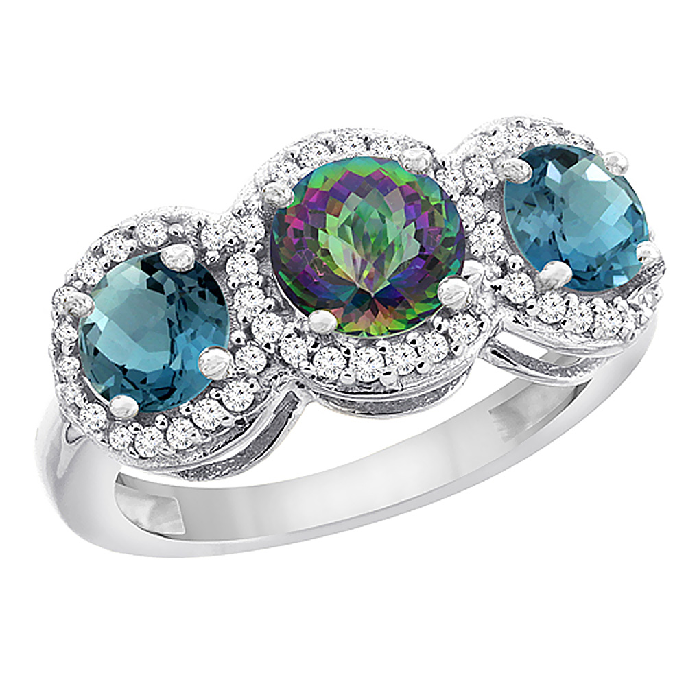 Sabrina Silver 10K White Gold Natural Mystic Topaz & London Blue Topaz Sides Round 3-stone Ring Diamond Accents, sizes 5 - 10