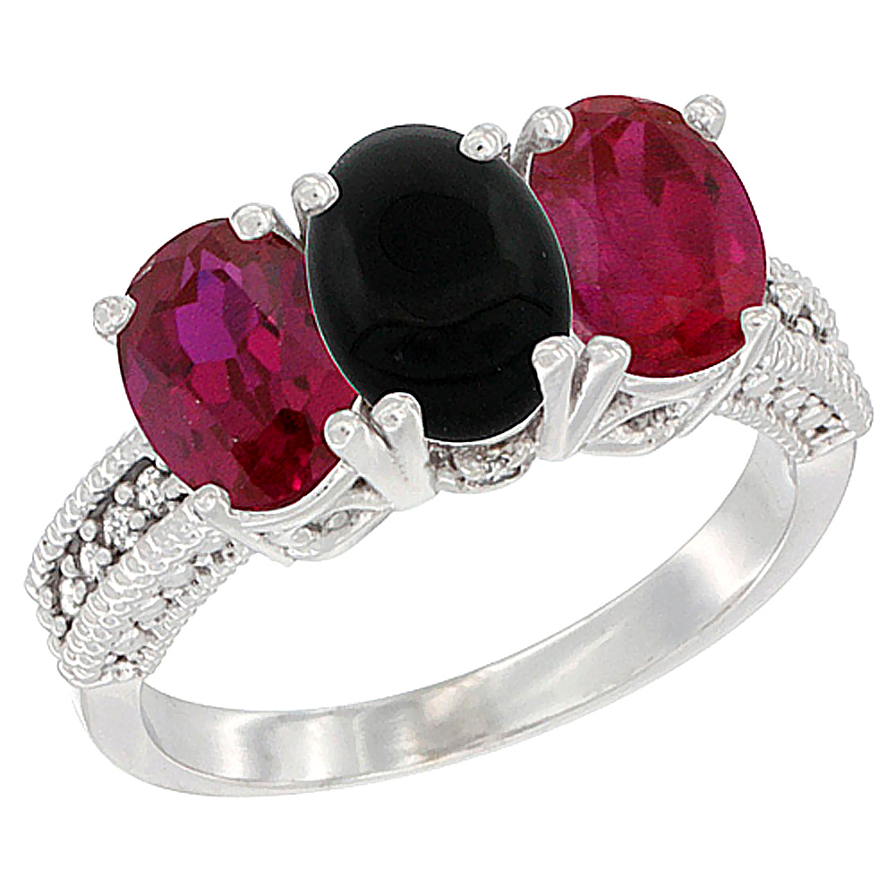 Sabrina Silver 14K White Gold Natural Black Onyx & Enhanced Ruby Sides Ring 3-Stone Oval 7x5 mm Diamond Accent, sizes 5 - 10