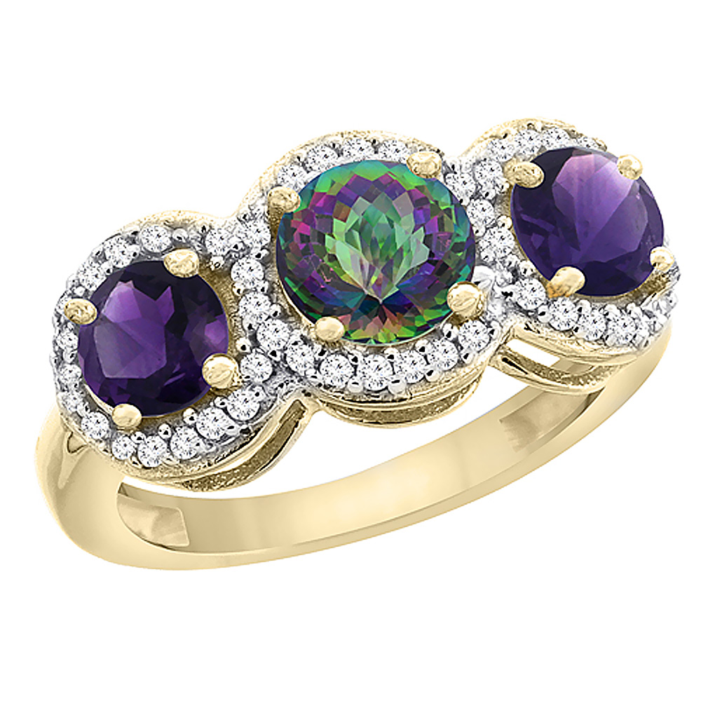 Sabrina Silver 10K Yellow Gold Natural Mystic Topaz & Amethyst Sides Round 3-stone Ring Diamond Accents, sizes 5 - 10