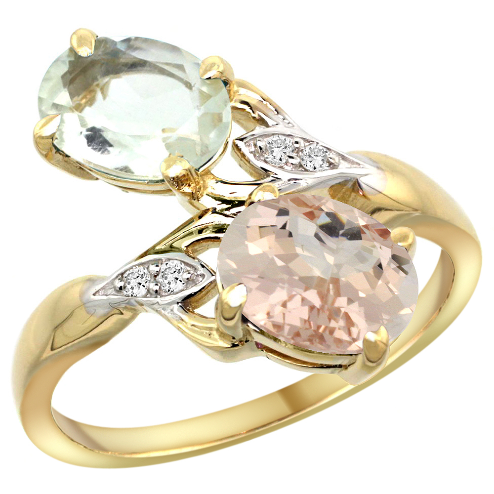 Sabrina Silver 10K Yellow Gold Diamond Natural Green Amethyst & Morganite 2-stone Ring Oval 8x6mm, sizes 5 - 10