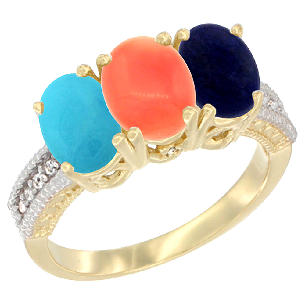 Sabrina Silver 10K Yellow Gold Diamond Natural Turquoise, Coral & Lapis Ring 3-Stone 7x5 mm Oval, sizes 5 - 10