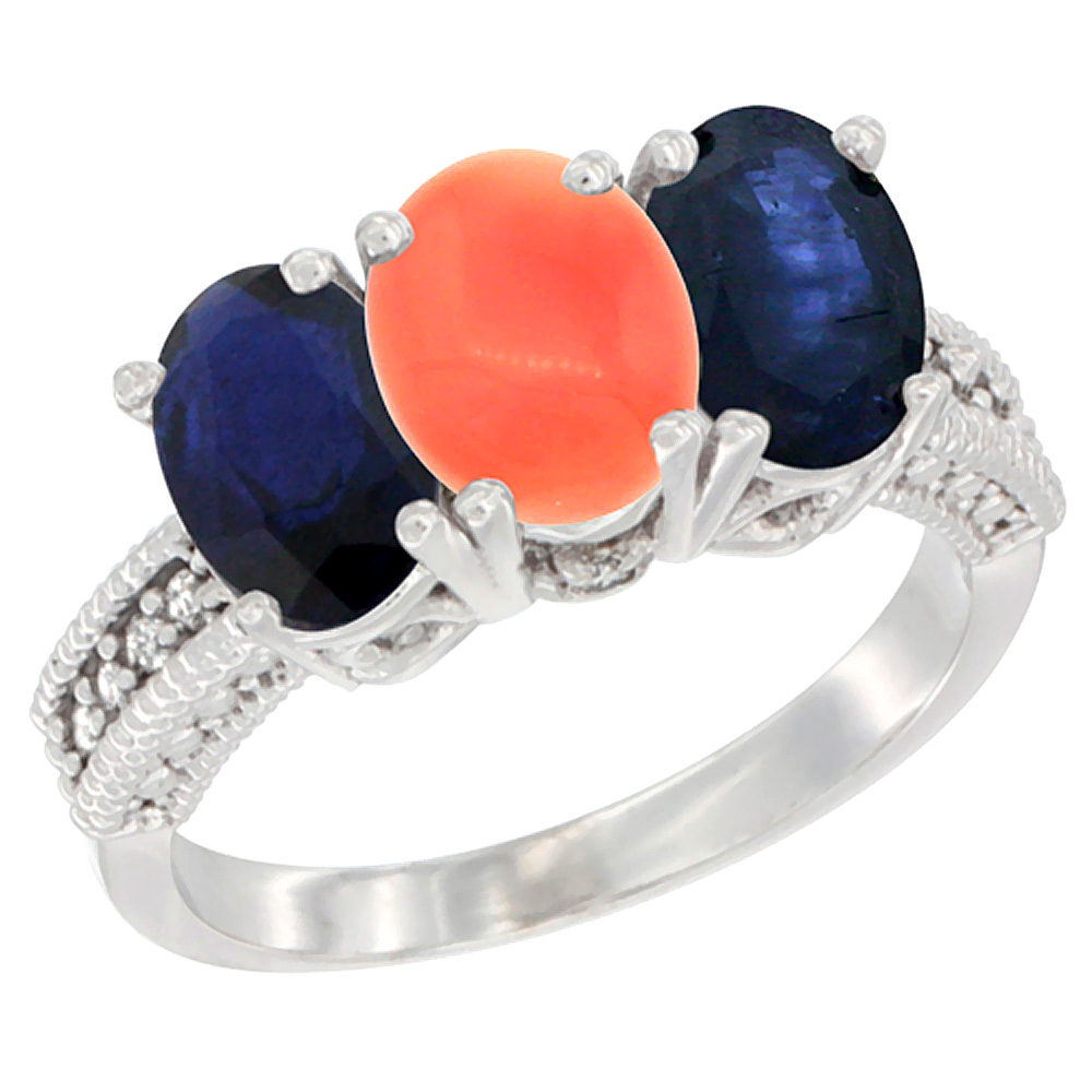 Sabrina Silver 10K White Gold Diamond Natural Coral & Blue Sapphire Ring 3-Stone 7x5 mm Oval, sizes 5 - 10