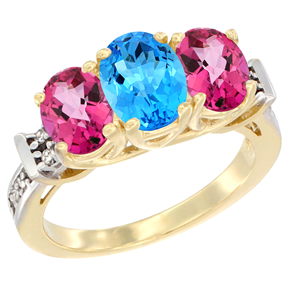 Sabrina Silver 10K Yellow Gold Natural Swiss Blue Topaz & Pink Topaz Sides Ring 3-Stone Oval Diamond Accent, sizes 5 - 10