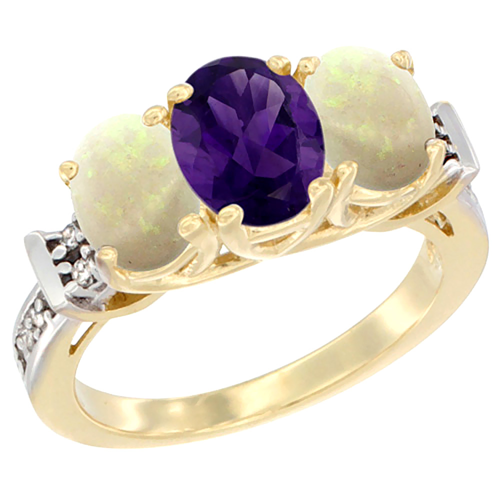 Sabrina Silver 14K Yellow Gold Natural Amethyst & Opal Sides Ring 3-Stone Oval Diamond Accent, sizes 5 - 10