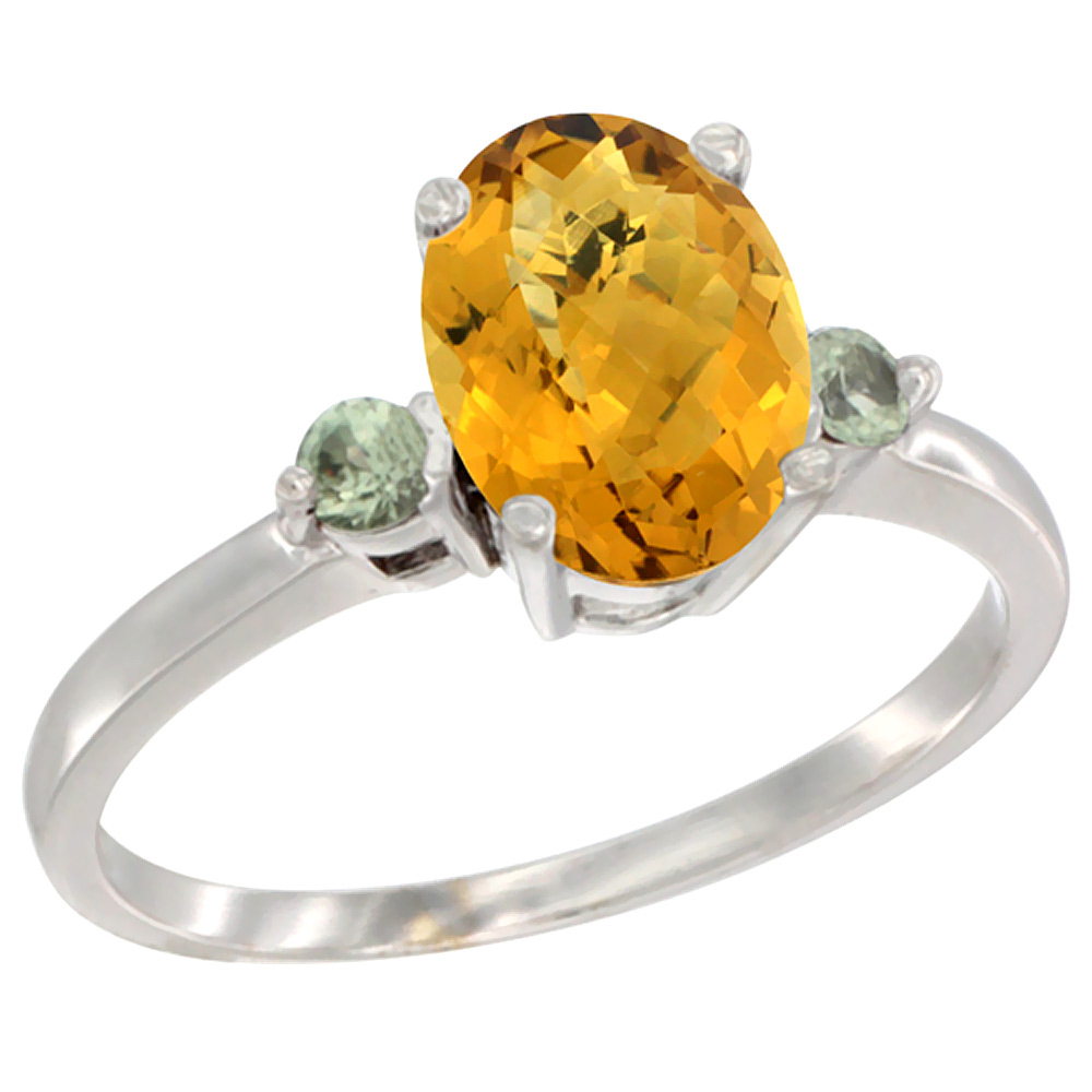 Sabrina Silver 14K White Gold Natural Whisky Quartz Ring Oval 9x7 mm Green Sapphire Accent, sizes 5 to 10