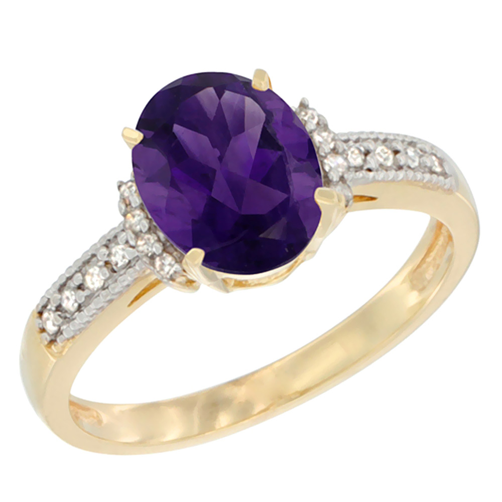 Sabrina Silver 10K Yellow Gold Genuine Amethyst Ring Oval 9x7 mm Diamond Accent sizes 5 - 10