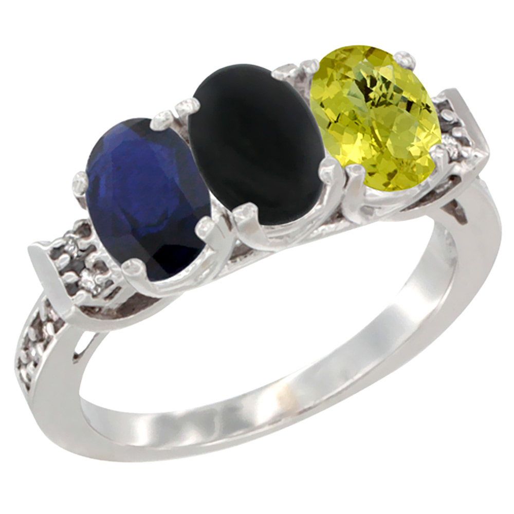 Sabrina Silver 10K White Gold Natural Blue Sapphire, Black Onyx & Lemon Quartz Ring 3-Stone Oval 7x5 mm Diamond Accent, sizes 5 - 10