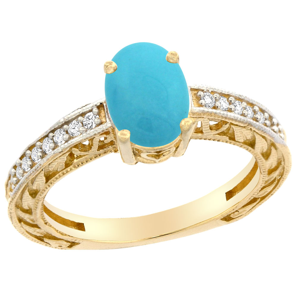Sabrina Silver 10K Gold Natural Turquoise Ring Oval 8x6 mm Diamond Accents, sizes 5 - 10