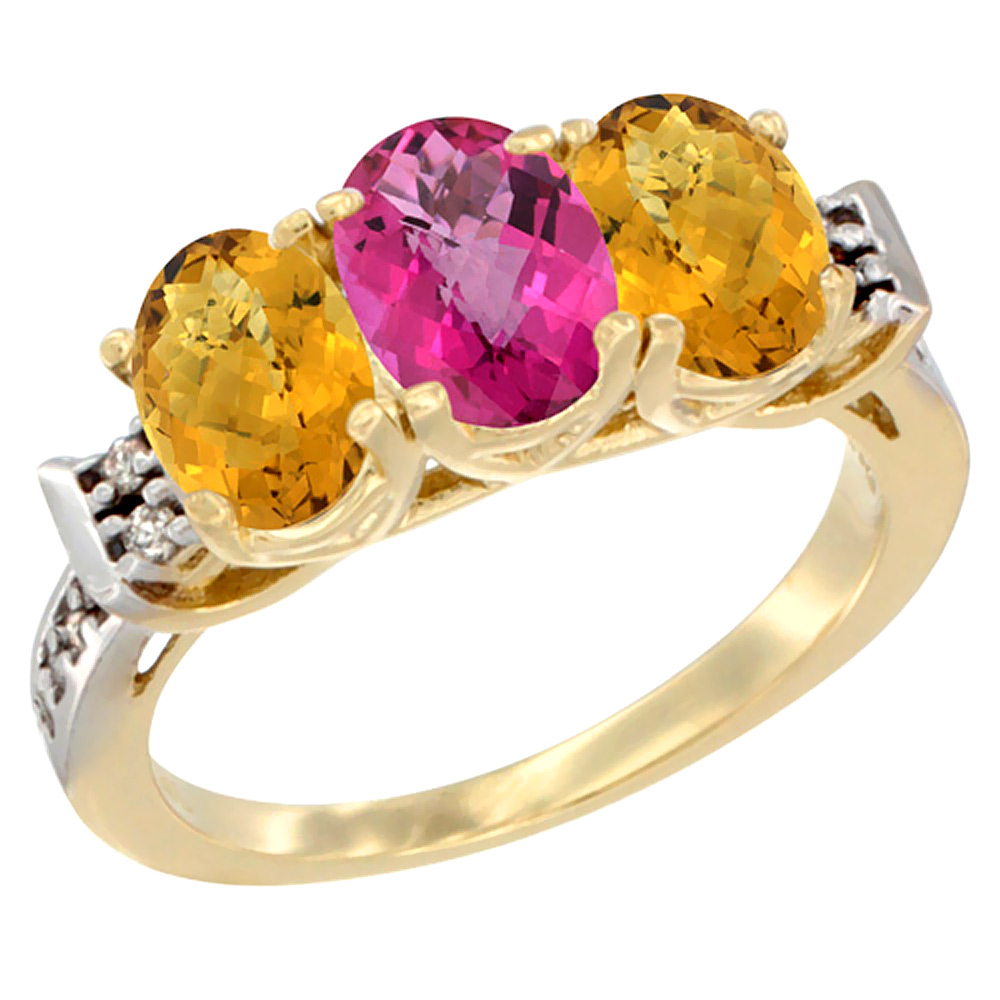 Sabrina Silver 10K Yellow Gold Natural Pink Topaz & Whisky Quartz Sides Ring 3-Stone Oval 7x5 mm Diamond Accent, sizes 5 - 10