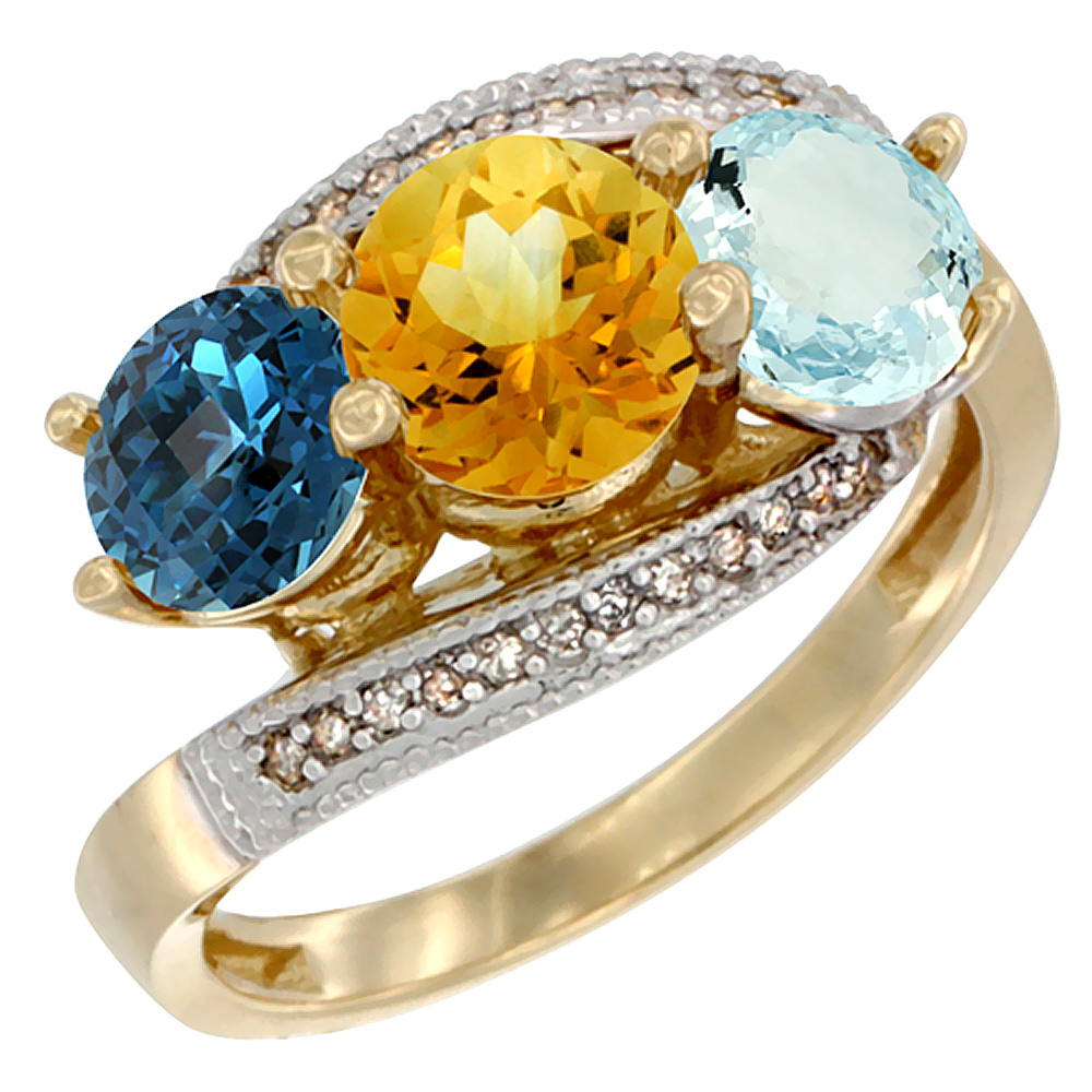 Sabrina Silver 14K Yellow Gold Natural London Blue Topaz, Citrine & Aquamarine 3 stone Ring Round 6mm Diamond Accent, sizes 5 - 10
