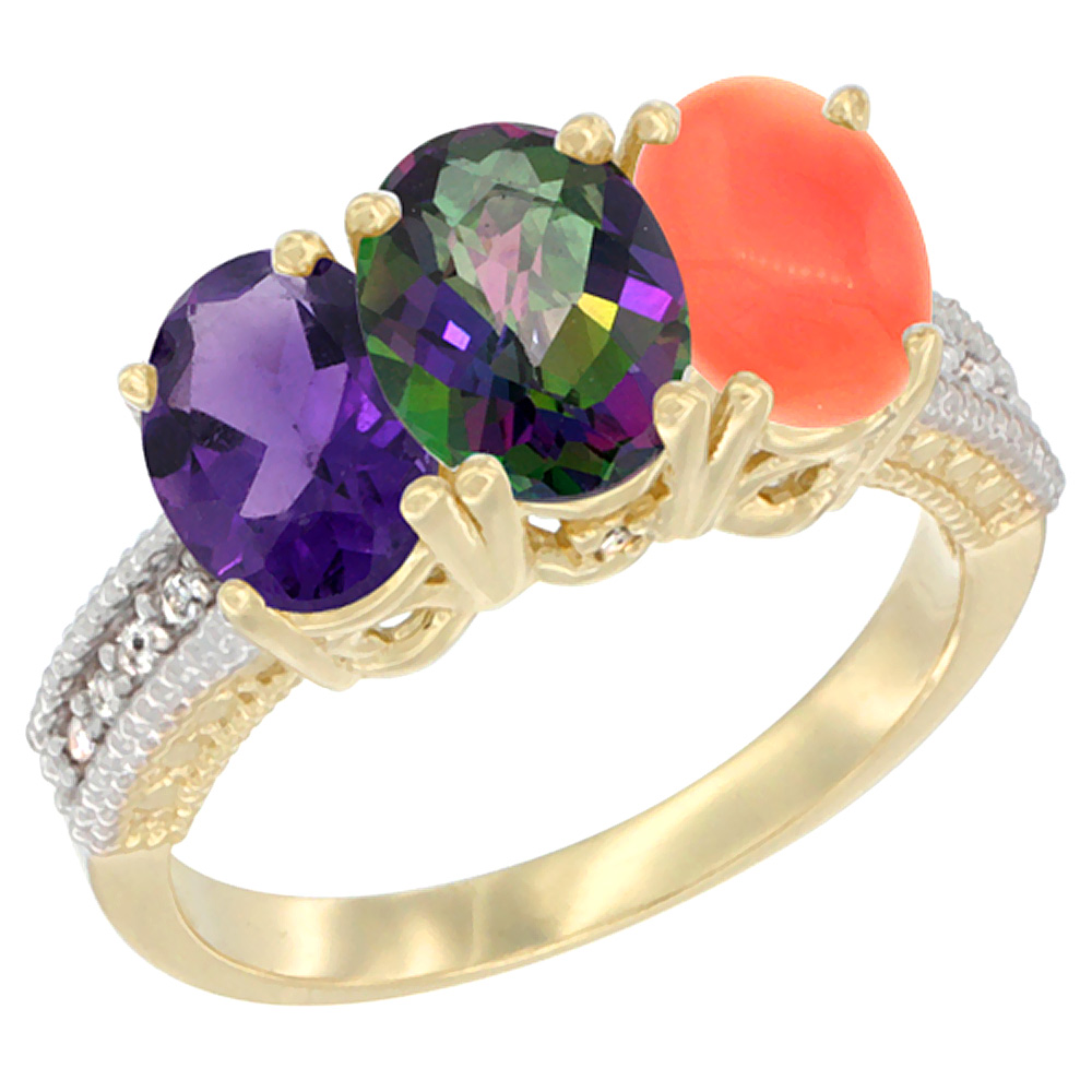 Sabrina Silver 14K Yellow Gold Natural Amethyst, Mystic Topaz & Coral Ring 3-Stone 7x5 mm Oval Diamond Accent, sizes 5 - 10