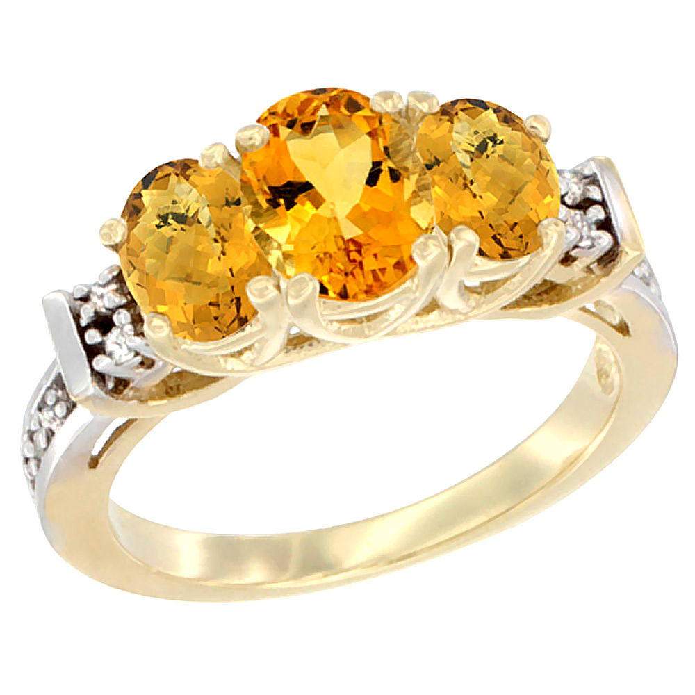 Sabrina Silver 14K Yellow Gold Natural Citrine & Whisky Quartz Ring 3-Stone Oval Diamond Accent