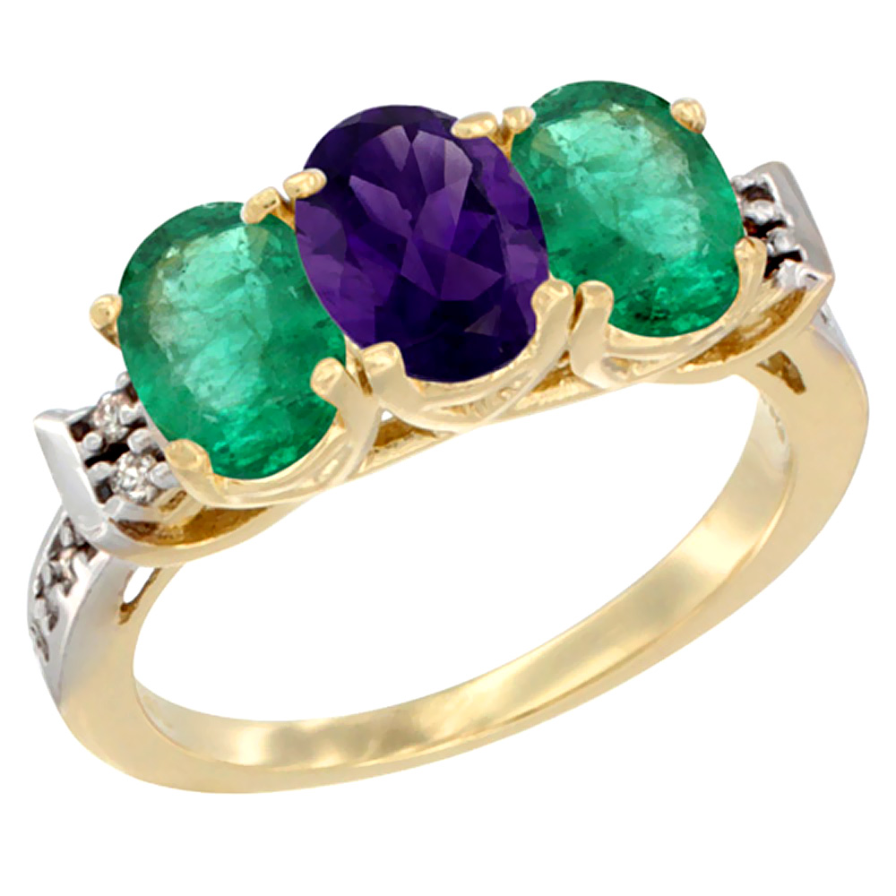 Sabrina Silver 10K Yellow Gold Natural Amethyst & Emerald Sides Ring 3-Stone Oval 7x5 mm Diamond Accent, sizes 5 - 10