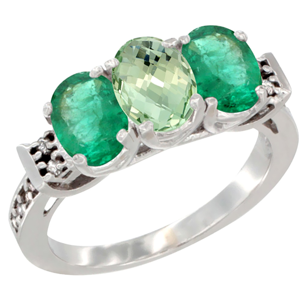 Sabrina Silver 14K White Gold Natural Green Amethyst & Emerald Sides Ring 3-Stone Oval 7x5 mm Diamond Accent, sizes 5 - 10