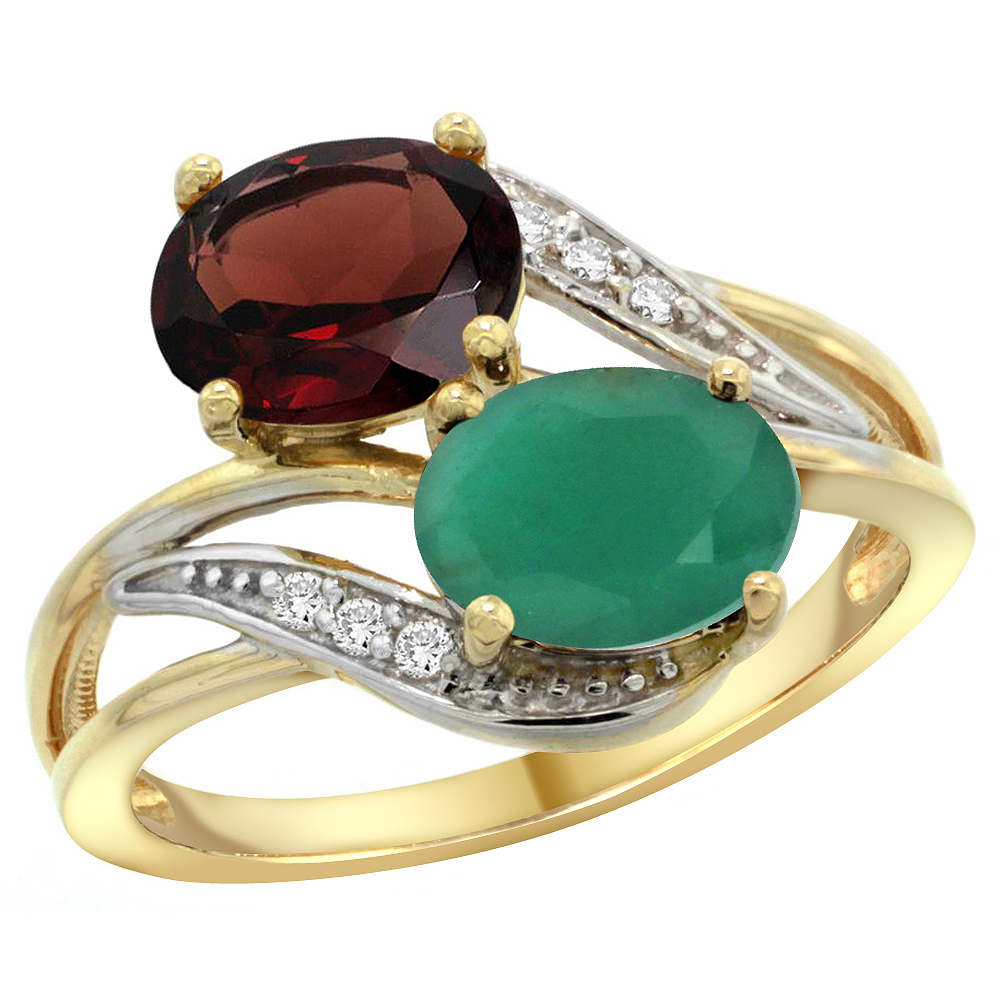 Sabrina Silver 10K Yellow Gold Diamond Natural Garnet & Quality Emerald 2-stone Mothers Ring Oval 8x6mm, size 5 - 10