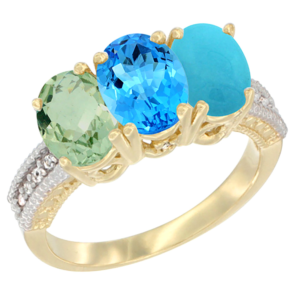 Sabrina Silver 14K Yellow Gold Natural Green Amethyst, Swiss Blue Topaz & Turquoise Ring 3-Stone 7x5 mm Oval Diamond Accent, sizes 5 - 10