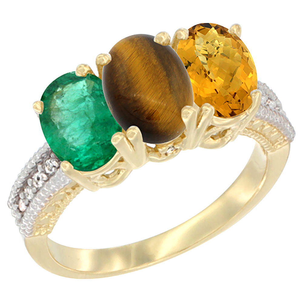 Sabrina Silver 10K Yellow Gold Diamond Natural Emerald, Tiger Eye & Whisky Quartz Ring 3-Stone 7x5 mm Oval, sizes 5 - 10