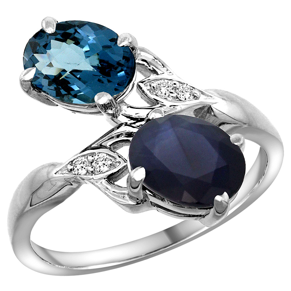 Sabrina Silver 10K White Gold Diamond Natural London Blue Topaz & Blue Sapphire 2-stone Ring Oval 8x6mm, sizes 5 - 10