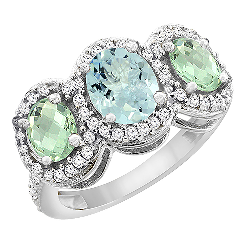 Sabrina Silver 14K White Gold Natural Aquamarine & Green Amethyst 3-Stone Ring Oval Diamond Accent, sizes 5 - 10