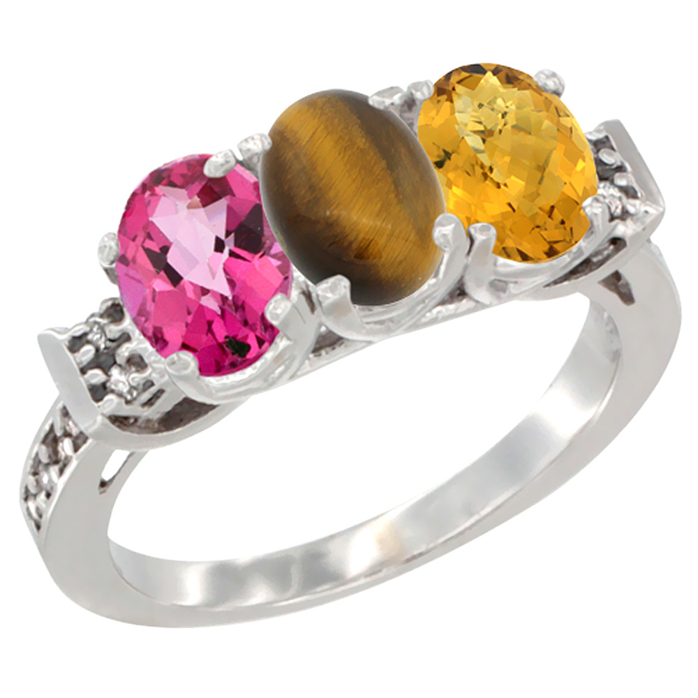 Sabrina Silver 10K White Gold Natural Pink Topaz, Tiger Eye & Whisky Quartz Ring 3-Stone Oval 7x5 mm Diamond Accent, sizes 5 - 10