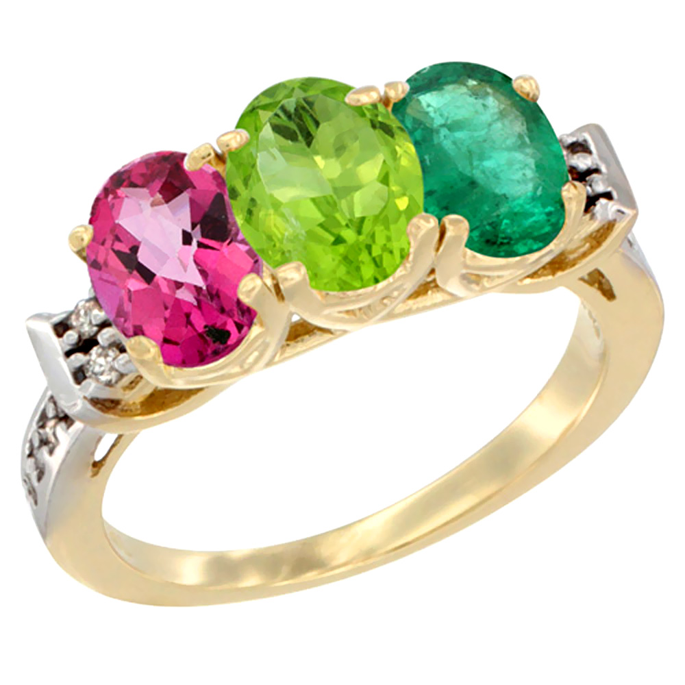 Sabrina Silver 10K Yellow Gold Natural Pink Topaz, Peridot & Emerald Ring 3-Stone Oval 7x5 mm Diamond Accent, sizes 5 - 10