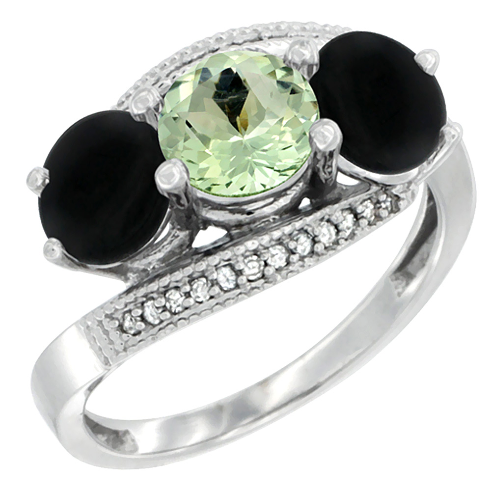 Sabrina Silver 14K White Gold Natural Green Amethyst & Black Onyx Sides 3 stone Ring Round 6mm Diamond Accent, sizes 5 - 10